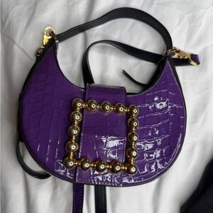 Les petit joueur Purple Croc-Embossed Shoulder Bag with Gold Accents